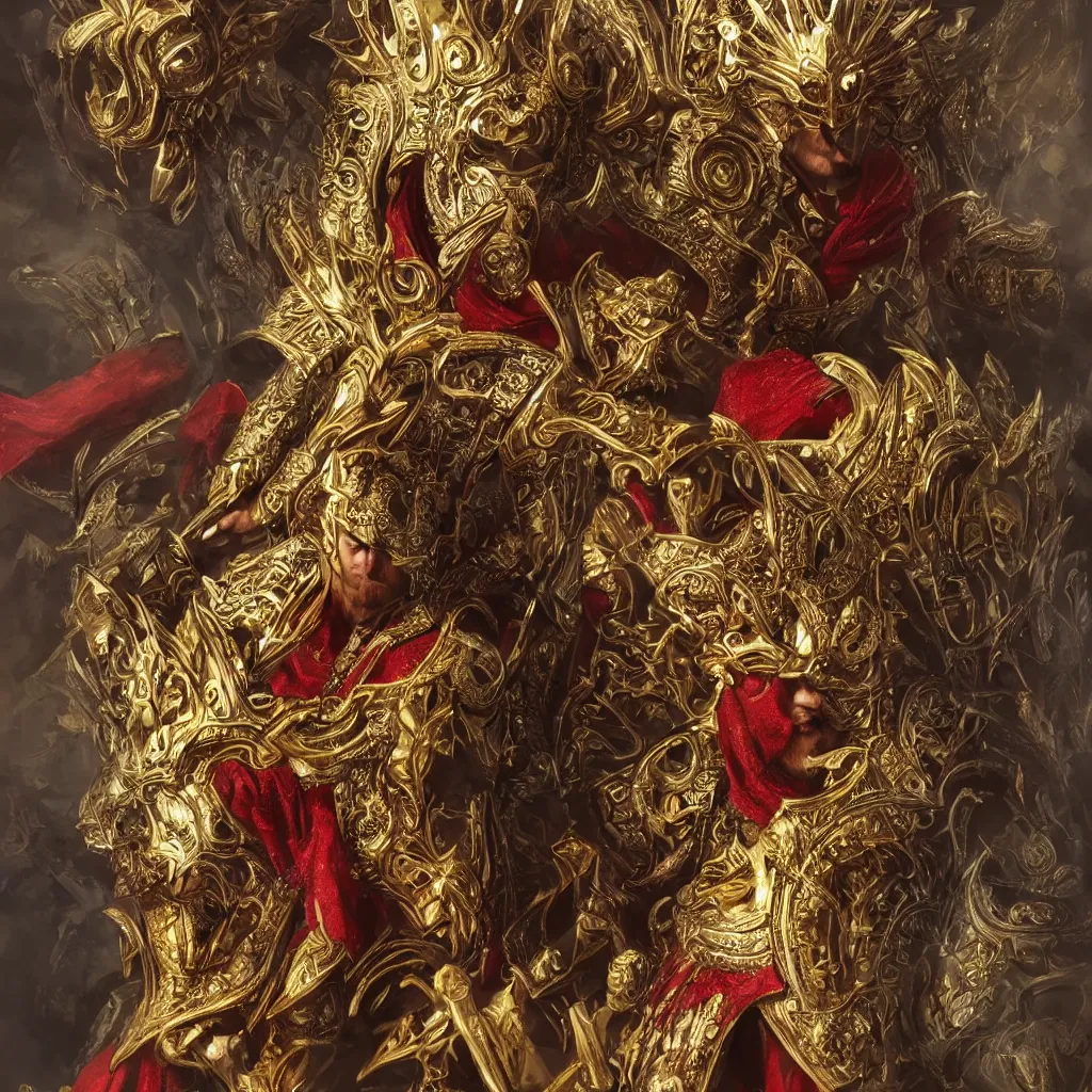 Prompt: Stunning portrait of a warrior king. He wears an intricate golden crown and a red cloak over ornate polished silver armour. He sits on a throne. Epic fantasy art. Extremely detailed, digital painting, trending on artstation, award-winning, concept art, sharp focus, 4k, hyperrealistic, masterpiece, cinematic, illustration, by greg rutkowski, aleksi briclot and bouguereau