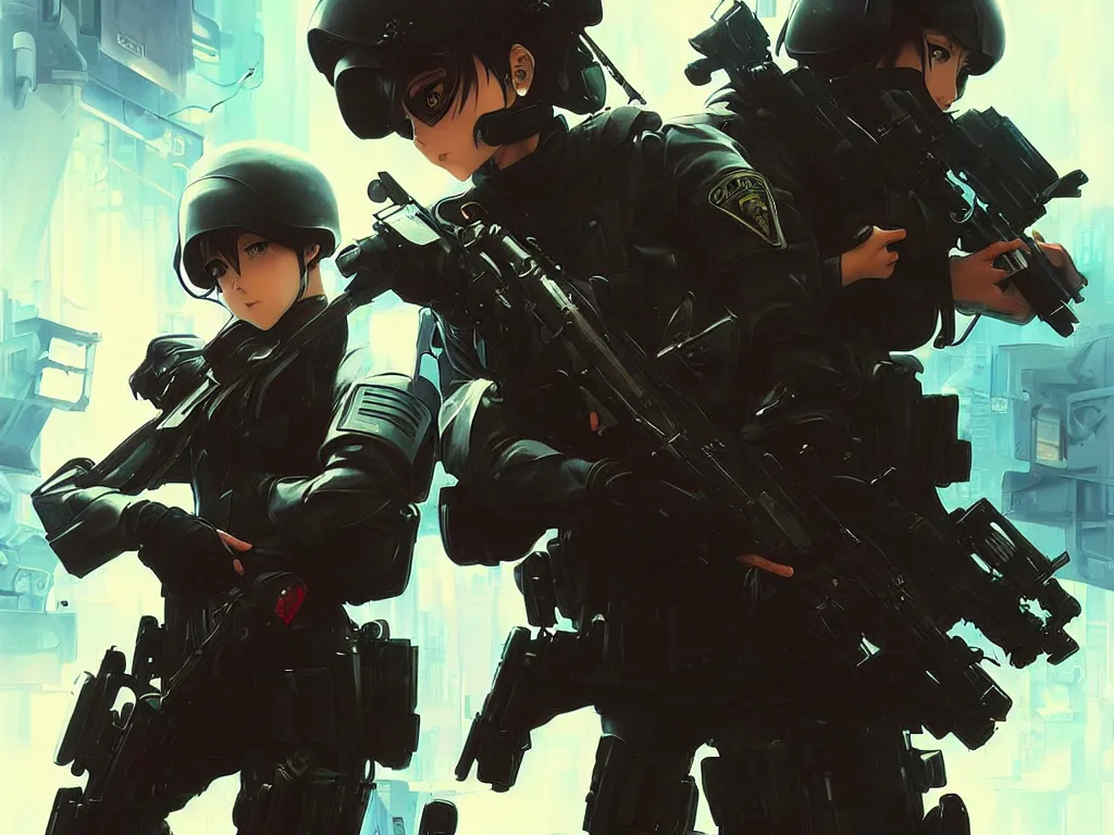 Image similar to anime key visual of a young female swat officer fighting male blood hound, neon, cyberpunk, futuristic, stunning, highly detailed, digital painting, smooth, soft focus, illustration, movie poster, japanese typography, digital art from artstation by artgerm and greg rutkowski and alphonse mucha