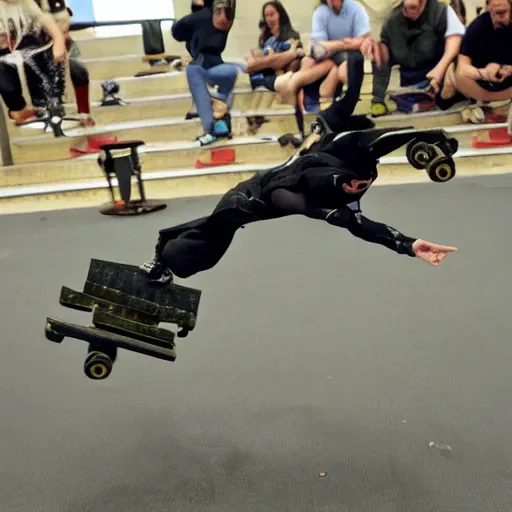 Image similar to necron doing a kickflip while humans look on in amazement and awe