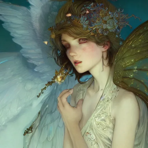 Image similar to beautiful angelic seductive fairy, fantasy, intricate, cinematic lighting, highly detailed, digital painting, artstation, smooth, sharp focus, illustration, art by Akihiko Yoshida, Greg Rutkowski and Alphonse Mucha, by Pixar
