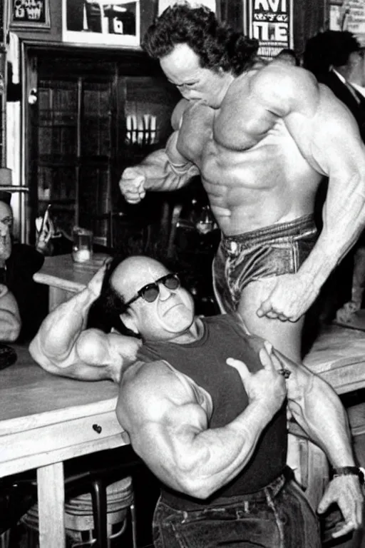 Image similar to danny devito with a buff arnold schwarzenegger body flexing in paddy's pub