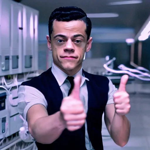Prompt: Rami Malek as a system administrator, doing a thumb up to the camera, there are servers in flames in the background, 35mm