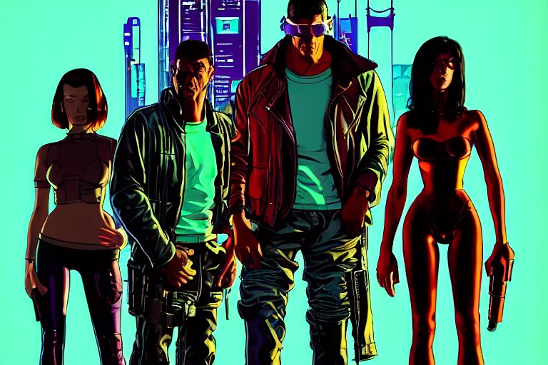 Image similar to cyberpunk heist crew. portrait by stonehouse and mœbius and will eisner and gil elvgren and pixar. character design. realistic proportions. dystopian. cyberpunk 2 0 7 7, apex, blade runner 2 0 4 9 concept art. cel shading. attractive face. thick lines. hi def 4 k. the team. detailed characters.