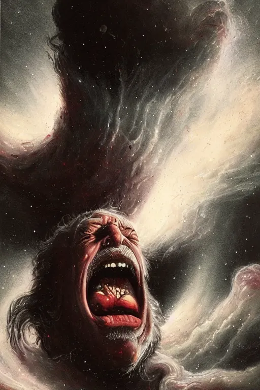 Prompt: an old man screams and a tornado comes out of his mouth by artgem and les edwards, highly detailed, high contrast, light reflection, trippy, nebula, trending on artstation