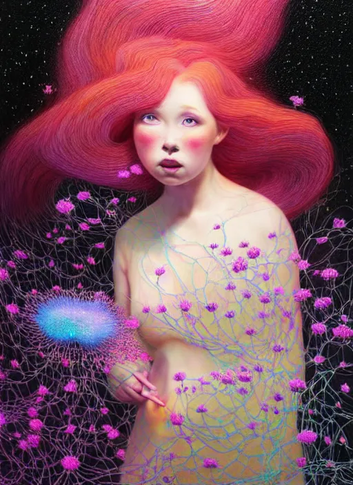 Image similar to hyper detailed 3d render like a Oil painting - kawaii standing portrait Aurora (auburn haired Singer Weaslwaif) seen Eating of the Strangling network of yellowcake aerochrome and milky Fruit and Her delicate Hands hold of gossamer polyp blossoms bring iridescent fungal flowers whose spores black the foolish stars by Jacek Yerka, Mariusz Lewandowski, Houdini algorithmic generative render, Abstract brush strokes, Masterpiece, Edward Hopper and James Gilleard, Zdzislaw Beksinski, Mark Ryden, Wolfgang Lettl, hints of Yayoi Kasuma, octane render, 8k