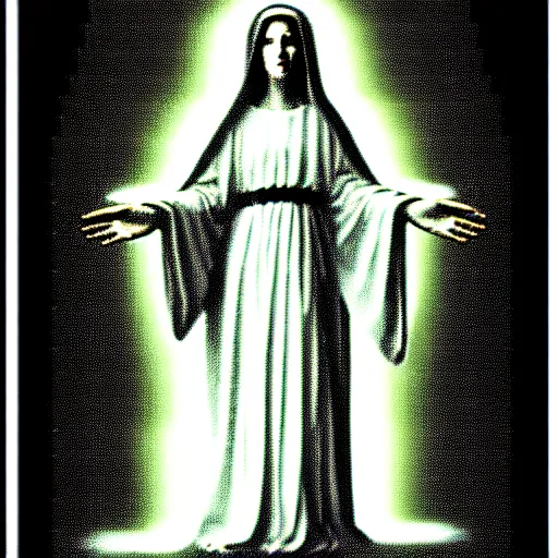 Image similar to vhs static overlay of marian apparition, vhs, 1 9 9 0, highly realistic, highly detailed, vhs noise static, black and white, vhs glitch