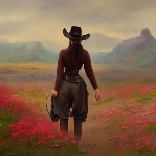 Prompt: a matte painting of the wild west, woman standing, patchy flowers, oil painting, pale colors, high detail, 8 k, wide angle, trending on artstation,