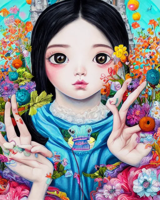 Image similar to a painting of a girl with a castle in her hands, poster art by Hikari Shimoda, featured on pixiv, pop surrealism, whimsical, rococo, maximalist