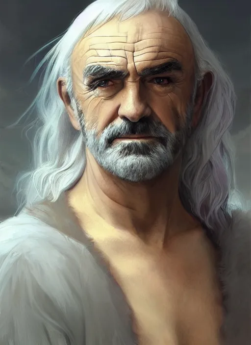 Image similar to Portrait of Sean Connery, white glowing eyes, silver shaggy hair, cloak, ethereal wings, male, fantasy, extremely detailed, digital painting, artstation, concept art, smooth, sharp focus, illustration, stunning lighting, art by artgerm and greg rutkowski and alphonse mucha and simon stalenhag, realistic character concept, high fantasy, light atmosphere, golden ratio, cinematic lighting, hyperdetailed, high resolution, insanely detailed and intricate, artstation, Marc Simonetti, Greg Rutkowski, 8k