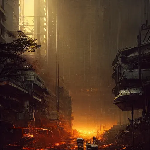 Prompt: tokyo in a post apocalyptic earth as seen by greg rutkowski, dark theme, enchanted, warm colors, high quality, waw, trending on artstation