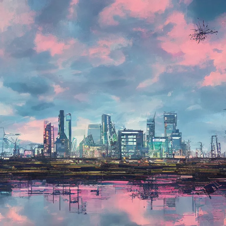 Image similar to The future is beautiful. Arnhem skyline. Rough brush strokes and grainy. Interesting colour scheme. Detailed. Beautiful digital artwork by artist Lurid. (2022)