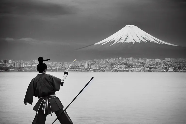 Image similar to beautiful photo of a geisha samurai warrior, mt fuji in the background, mid action swing, shining silver katana sword, award winning photo, muted pastels, action photography, 1 / 1 2 5 shutter speed, dramatic lighting