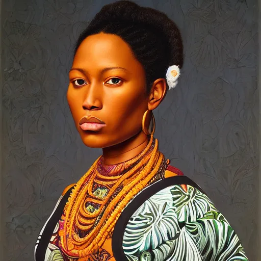 Image similar to A portrait of a thin trendy and gorgeous non-binary person, dark skin tone, Maori people, oil painting by Kehinde Wiley, majestic, detailed, high resolution