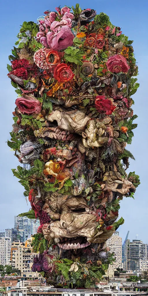 Image similar to giant grotesque flower in the middle of abandoned alien cityscape, ultradetailed by Giuseppe Arcimboldo and Josan Gonzalez