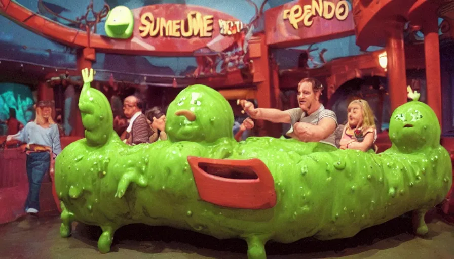 Prompt: 1990s photo of inside the Slime Friends Dangerous Potato Show ride at Universal Studios in Orlando, Florida, riding a face car through a dinner plate planet, cinematic, UHD