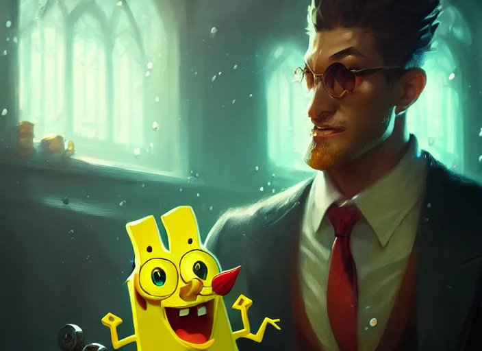 Image similar to amazing portrait of gangster spongebob, deiv calviz, splash art, natural light, elegant, intricate, fantasy, atmospheric lighting, by greg rutkowski, league of legends splash art, hd wallpaper, ultra high details