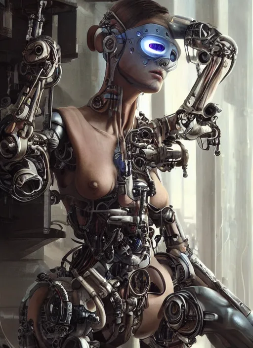 Image similar to Ultra realistic full shot of a cyborg woman under repair ,with mechanical arms that fix it, cyberpunk,sci-fi, fantasy,Kodak , soft light, volumetric lighting ,night, intricate, elegant, highly detailed, digital painting, artstation, concept art, smooth, sharp focus, illustration,art by artgerm and greg rutkowski and alphonse mucha