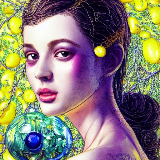 Image similar to the portrait of an absurdly beautiful, graceful, elegant, sophisticated, young idol made up of lemons, an ultrafine hyperdetailed illustration by kim jung gi, irakli nadar, intricate linework, bright colors, octopath traveler, final fantasy, unreal engine 5 highly rendered, global illumination, radiant light, detailed and intricate environment