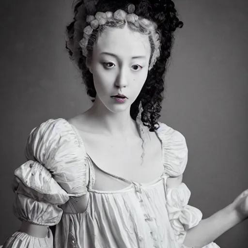 Prompt: shot from a distance, renaissance, rococo, manga, tonal, young lady, thin, dark hair, wearing loose white puff sleeve top