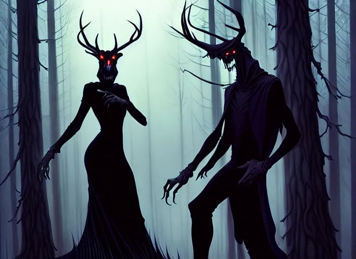 Prompt: style artgerm, joshua middleton, diego fazio, gerald brom : : scary wendigo with antlers and skull face mixed with werewolf : : [ beautiful witch wearing a black dress, symmetrical face, on the right side ] : : in the forest, detailed, dark and foggy, cinematic lighting