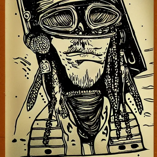 Prompt: hand drawn illustration of a cyberpunk berber corsair at the helm of a ship