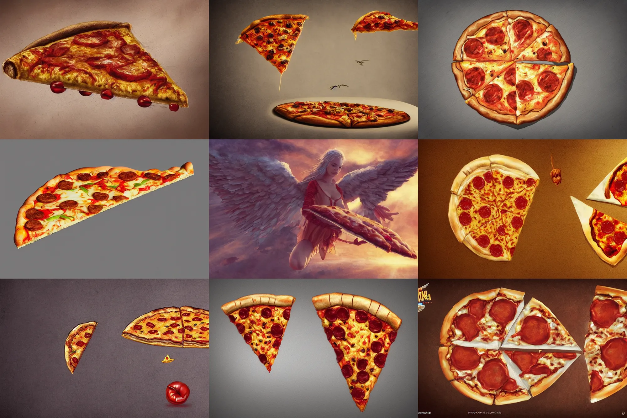 Prompt: flying piece of pizza with angel wings, concept art, artstation art, realistic, hd, 4k