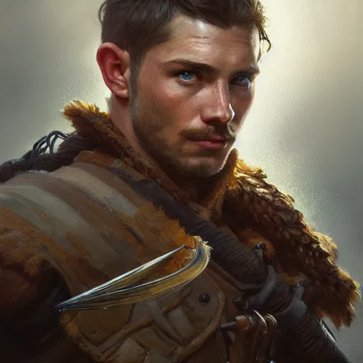 Image similar to portrait of a young rugged ranger, muscular, upper body, longsword, D&D, fantasy, intricate, cinematic lighting, highly detailed, digital painting, artstation, concept art, smooth, sharp focus, illustration, art by Artgerm and Greg Rutkowski and Alphonse Mucha