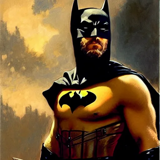 Image similar to ryan reynolds ( ( ( ( ( ( beard ) ) ) ) ) ), ( ( ( ( facial hair ) ) ) ), putting on a batman costume, painting by gaston bussiere, craig mullins, j. c. leyendecker