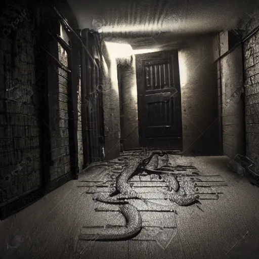 Image similar to a skinny and long snake creature lurking in a dark and wet basement, creepy atmosphere, realistic lighting