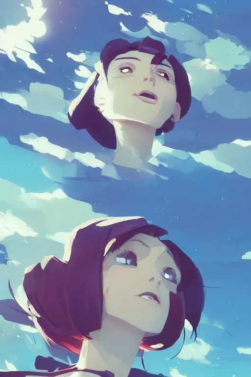 Image similar to looking up into the sky i see an anxious reflection of myself behance hd artstation by jesper ejsing, by rhads, makoto shinkai and lois van baarle, ilya kuvshinov, ossdraws, that looks like it is from borderlands and by feng zhu and loish and laurie greasley, victo ngai, andreas rocha