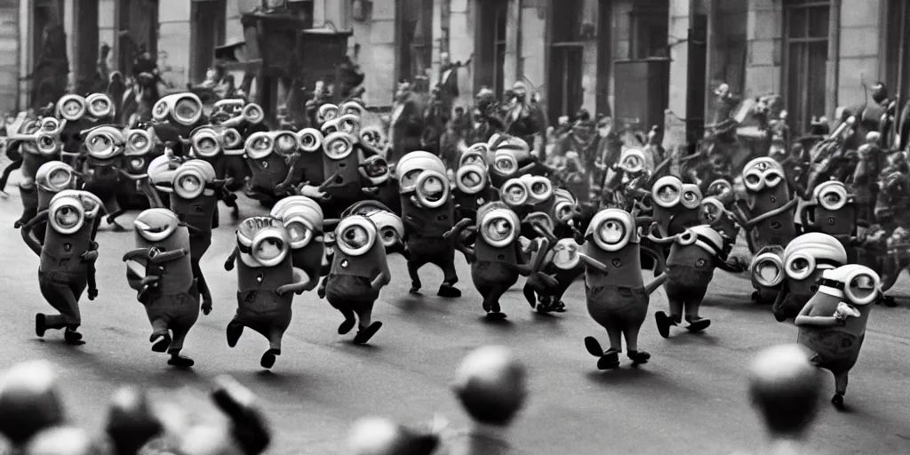 Image similar to minions from despicable me winning world war 2 and parading through berlin, hyper realistic, award winning photo, award winning, sharp focus, black and white