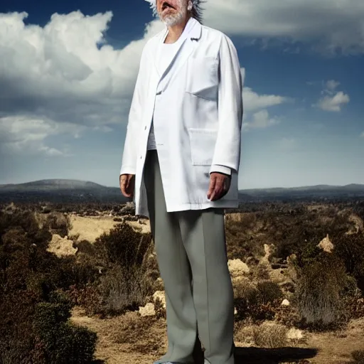 Prompt: a full portrait of rick sanchez with background scenery by juergen teller, iris van herpen, white lab coat