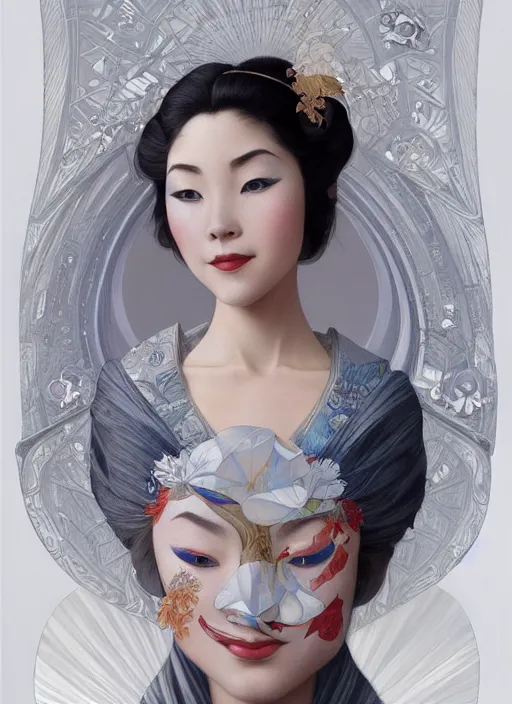 Prompt: ultra realistic illustration, smiling geisha prima ballerina, sci - fi, fantasy, symmetrical face, intricate, elegant, highly detailed, digital painting, artstation, concept art, smooth, sharp focus, illustration, art by artgerm and alphonse mucha