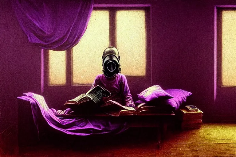 Prompt: girl with wearing a gas mask lying on the sofa reading a book in her room, in the style of beksinski, peaceful, calm, ambient, dreamy, intricate and epic composition, purple by caravaggio, insanely quality, highly detailed, masterpiece, purple light, artstation, 4 k