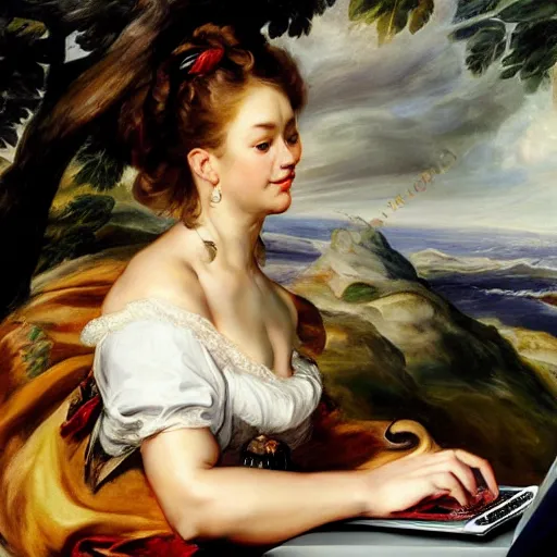 Image similar to heavenly summer sharp land sphere scallop well dressed lady working on her laptop auslese, by peter paul rubens and eugene delacroix and karol bak, hyperrealism, digital illustration, fauvist