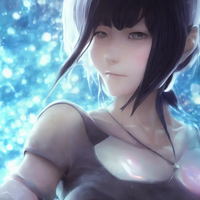 Image similar to beautiful anime girl cyborg looking surreal - by tom bagshaw, by ilya kuvshinov, rtx rendering, octane render 1 2 8 k, maya, extreme high intricate details by wlop, digital anime art by ross tran, medium shot, close up shot, composition by sana takeda, dramatic lighting by greg rutkowski, 8 k, trending on artstation