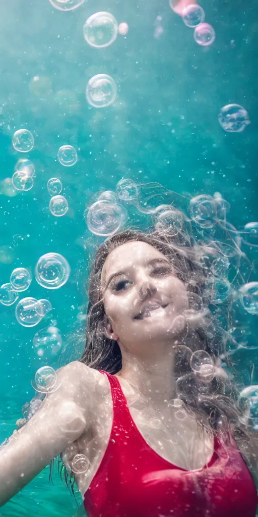 Image similar to a photo of a beautiful young woman floating underwater with bubbles all around