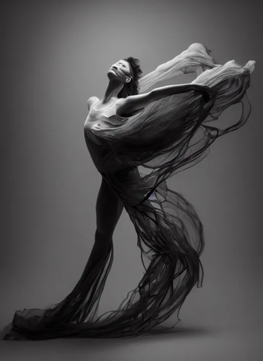 Image similar to a Photorealistic dramatic hyperrealistic render of a beautiful Female smoke dancer by Ken Brower and Deborah Ory of NYC Dance project,Lois Greenfield,Flowing cloth and smoke,Beautiful dynamic dramatic dark moody lighting,volumetric,shadows,cinematic atmosphere,Octane render,8K