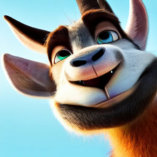 Image similar to “portrait of a smiling goat, zootopia movie style, pointing a laser gun at the camera, digital art, 4k, award winning”