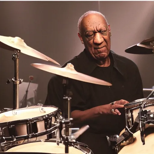 Prompt: Still of a bill cosby playing drums in the bring me to life music video by American rock band Evanescence dslr