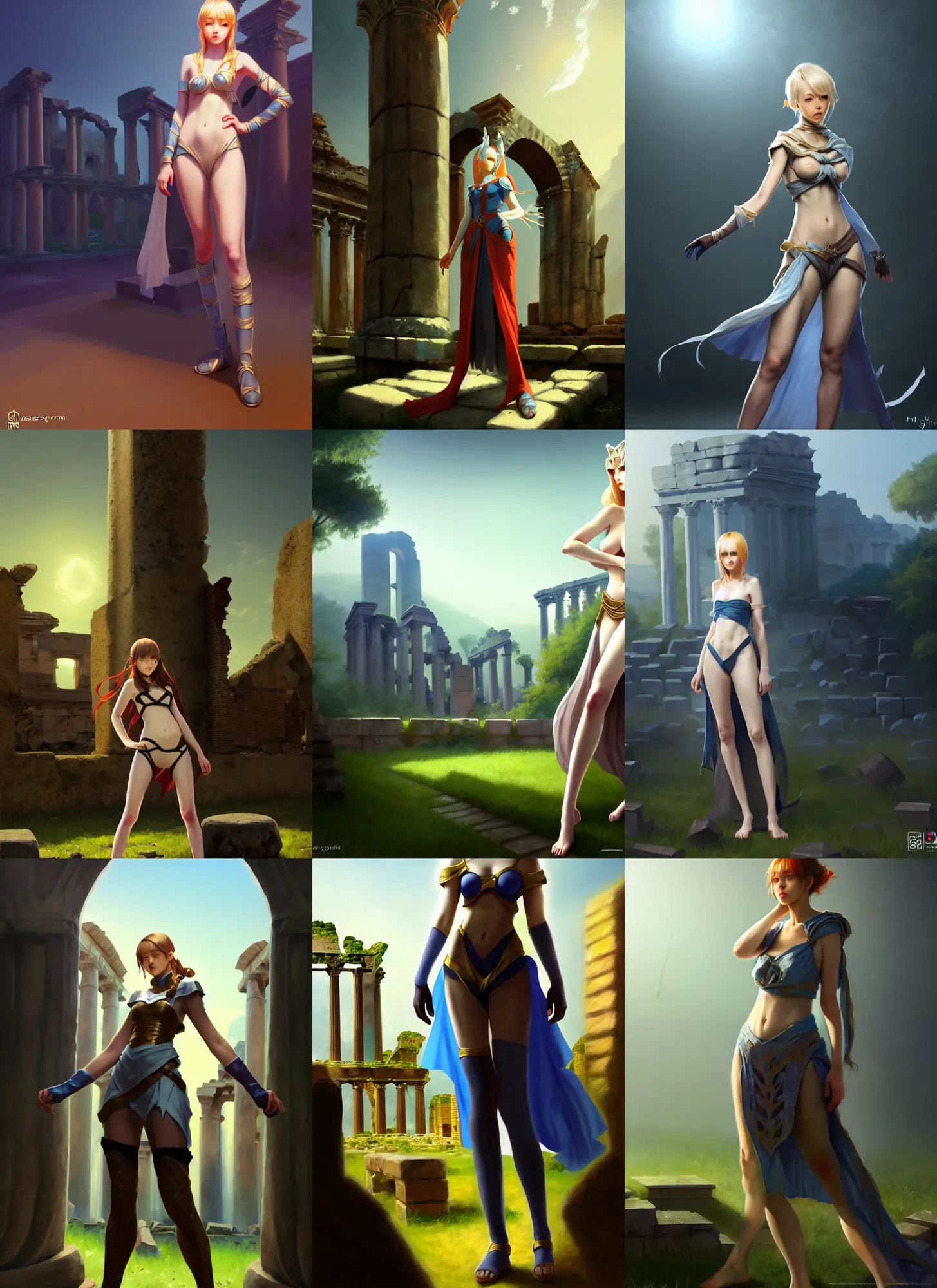 Prompt: costume design made by blue cheese, sophisticated composition, old masters light composition, procedurally generated, character posing for concept art, ancient ruins behind, substance designer, PBR, HD, Ultra detailed, hyperrealistic, megascans, volumetric light, concept by master artist, made in paint tool SAI2, trending pixiv face