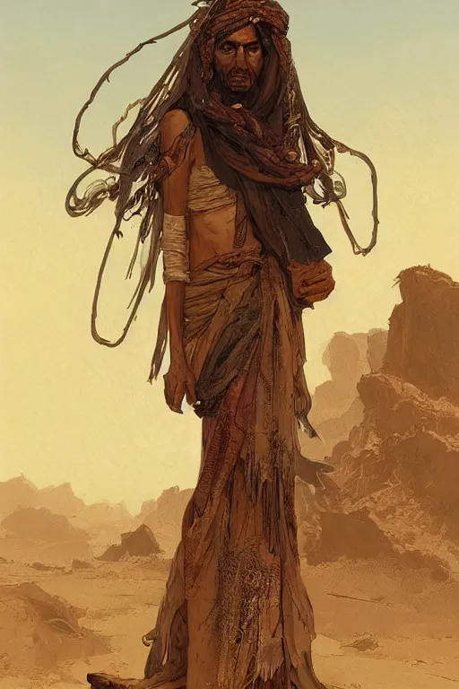 Image similar to a full body portrait of a beautiful post apocalyptic offworld desert bedouin blind beggar by the city gates, intricate, elegant, highly detailed, digital painting, artstation, concept art, smooth, sharp focus, illustration, art by krenz cushart and artem demura and alphonse mucha