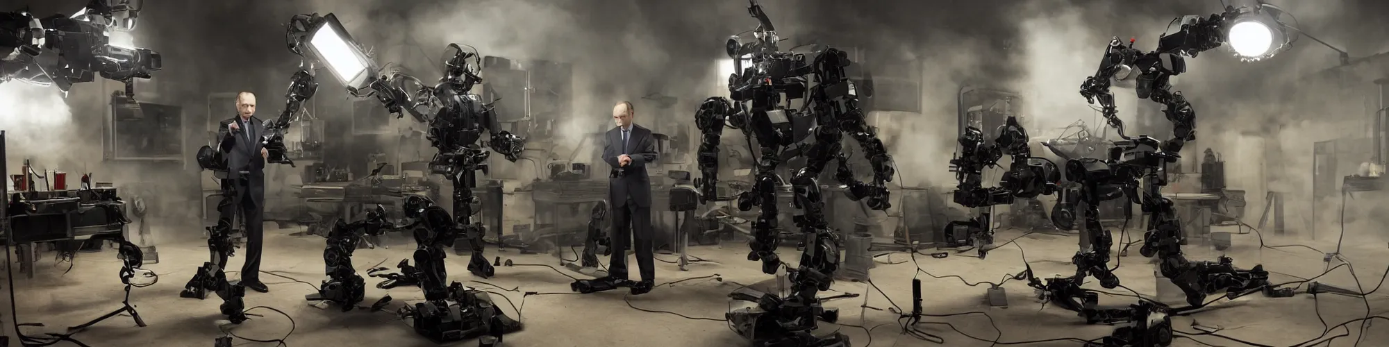 Prompt: vladimir putin putting the finishing touches on a small weaponized robot, cinematic moody lighting, smoky laboratory, sharp focus, imax