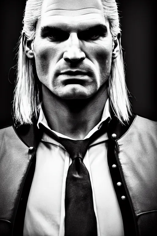 Image similar to portrait of geralt of rivia wearing an elegant tuxedo, 5 5 mm lens, professional photograph, elegant, serious, stern look