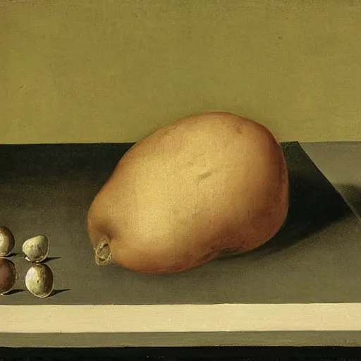 Image similar to vanitas painting of a solitaire potato contemplating it's life thus far, oil on cavnas by Pieter Claesz