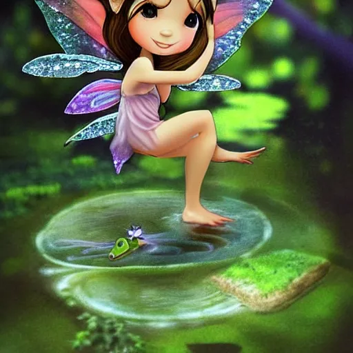 Image similar to tiny mischievous forest fairy spirit darts through the air over a frog pond at night. she is small, like tinker bell. the spirit a cute chibi dryad. magic swirls in the air. the spirit grins with glee. the frogs are large and croak loudly by the lilypads. by kevin walker, by greg staples, by daarken, by terese nielsen,