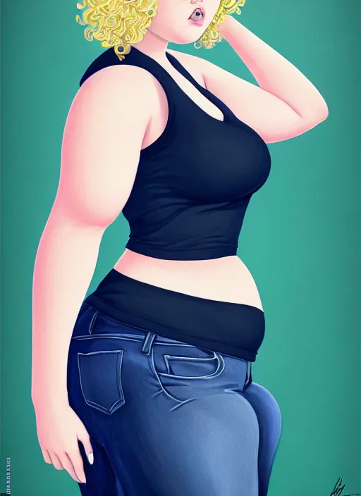 Image similar to full body portrait, teenage betty cooper, blonde hair, obese, bangs, ponytail, sultry, realistic, sultry smirk, fluffy bangs, curly bangs, fat, belly, beautiful girl, intricate, elegant, highly detailed, digital painting, artstation, concept art, smooth, sharp focus, illustration, art by wlop, mars ravelo and greg rutkowski