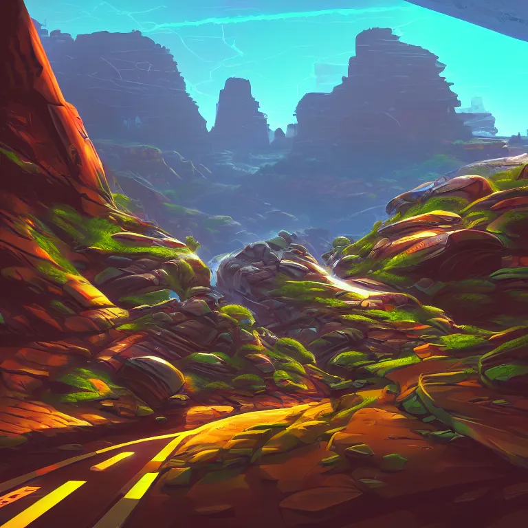 Prompt: marketing game illustration, distortion camera of a scifi road into the rocks canyon very fast feeling in the style of Blizzard and Riot Games