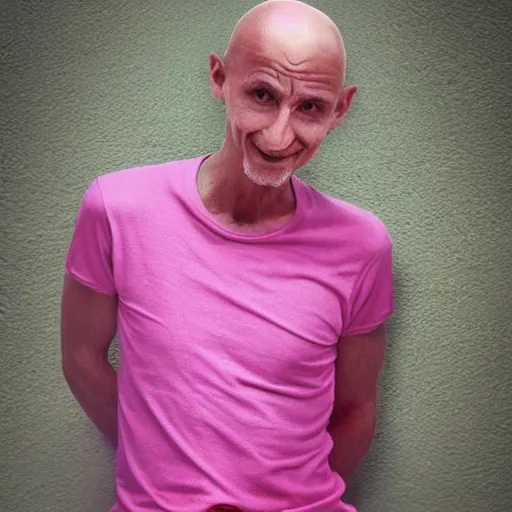 Prompt: bald skinny man in a pink t - shirt and pink pants, a colorized photo by hinchel or, tumblr, fantastic realism, colorized, handsome, da vinci