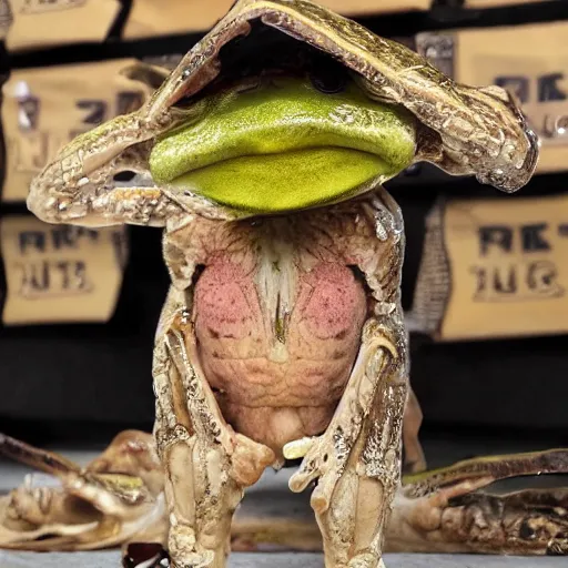 Image similar to Alex Jones standing with frog legs instead of human legs, long human body with frog feet and frog legs and human face, human torso with frog legs